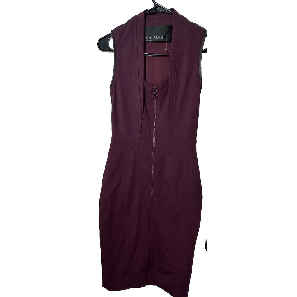 Yigal Azrouel Maroon Purple BodyCon Knee Length Leather Trim dress Sz 2 Flaw